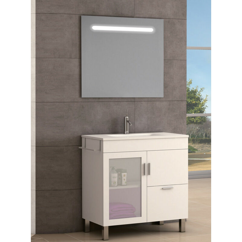 

KIT Mueble de Baño Modelo PORTLAND RESINA, Conjunto formado por Mueble color Blanco 60cm, Lavabo de Resina y Espejo a Juego