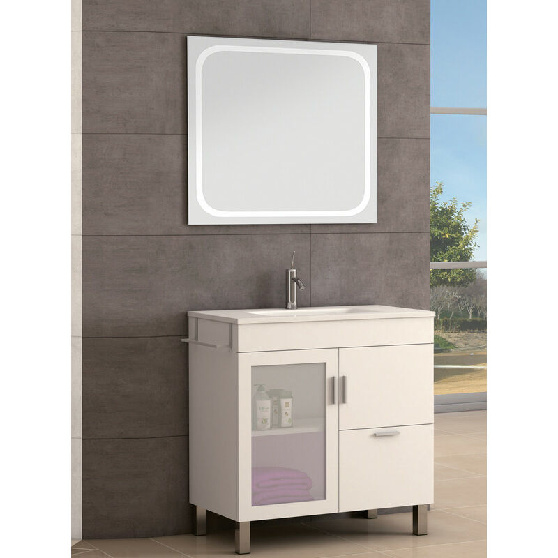 

KIT Mueble de Baño Modelo PORTLAND RESINA, Conjunto formado por Mueble color Blanco 80cm, Lavabo de Resina y Espejo a Juego