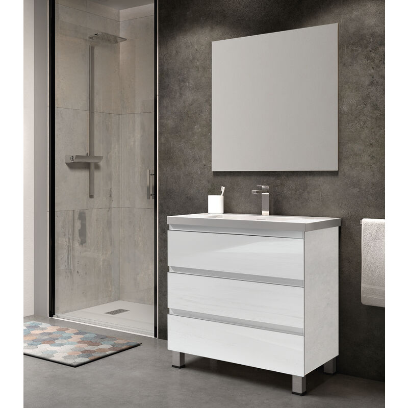 

KIT Mueble de Baño NORUEGA RESINA, Formado por Mueble de Baño Color BLANCO 80cm, Lavabo de RESINA y Espejo