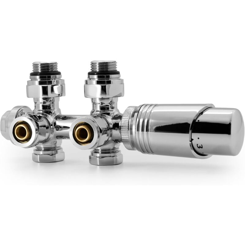 Kit Multibloc Universel Pour Radiateur Raccordement Central avec 50mm Vannes Thermostatiques Pour le Radiateur et Chauffage Chrome