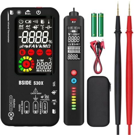 Kit Multimètre Numérique et Stylo Testeur Électrique BSIDE S30X+X1 Multimètre Intelligent et Détecteur de Tension Sans Contact avec Pince Crocodile pour Électricien Électronique LED Automobile