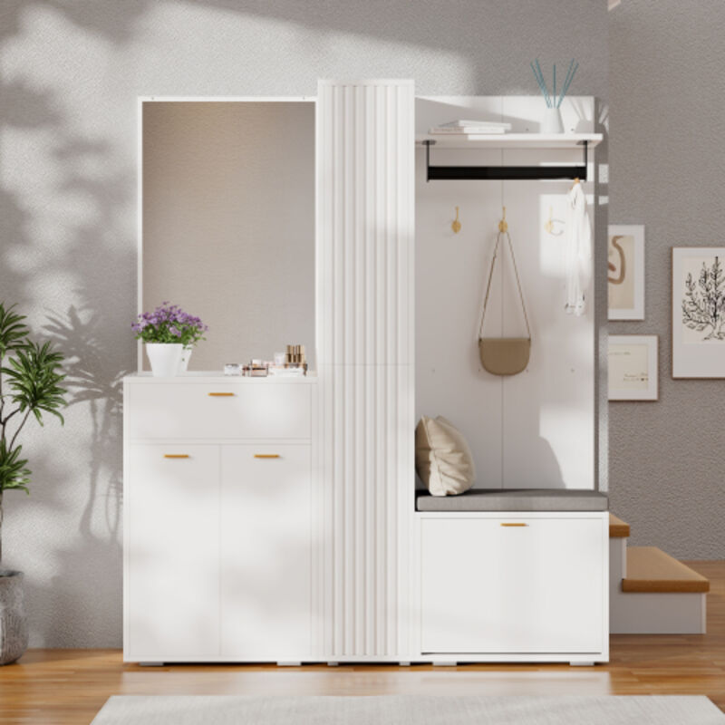 Kit mural de rangement, meuble d'entrée de couloir, avec armoire à miroir, tringle à vêtements, 3 portes, casier à chaussures basculant, banquette et