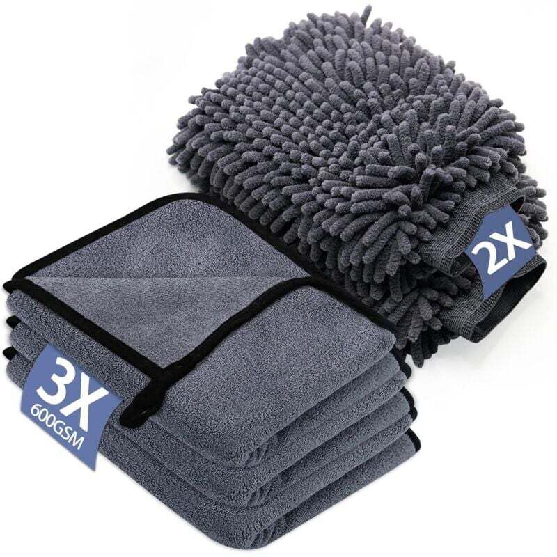 Kit Nettoyage Voiture: 3 Pack Chiffon Microfibre & 2 Pack Gant Lavage Microfibre, 600 GSM Pour Nettoyer et Sécher les Voitures (40 x 30 cm)