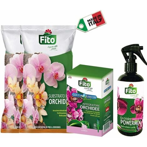 Kit Orchidee con Terriccio Naturale 2 Litri, Concime Liquido Goccia a Goccia e Spray Idratante Fogliare- Ideale per Rinvaso, Concimazione e Idratazione- Soluzione Completa- Made in Italy