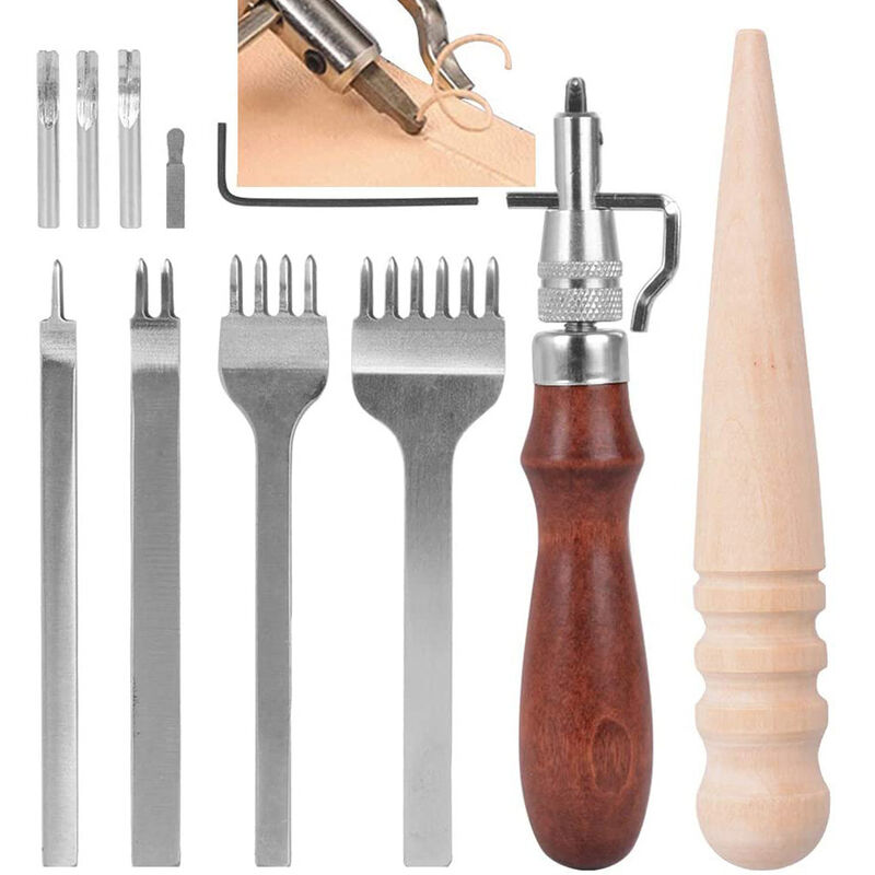 Kit Outils Perforatrice pour Trous 4 Perforatrice de Griffe en Cuir + 1 Dispositif de Rainurage 5 en 1 + 1 Bâtonnet de Polissage Accessoires