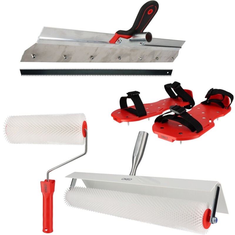 Kit outils ragréage - Rouleaux débulleurs 25-50cm - Râteau autonivelant 56cm - Chaussures pointes acier - Ciment auto-nivelant