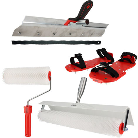 Kit outils ragréage - Rouleaux débulleurs 25-50cm - Râteau autonivelant 56cm - Chaussures pointes acier - Ciment auto-nivelant