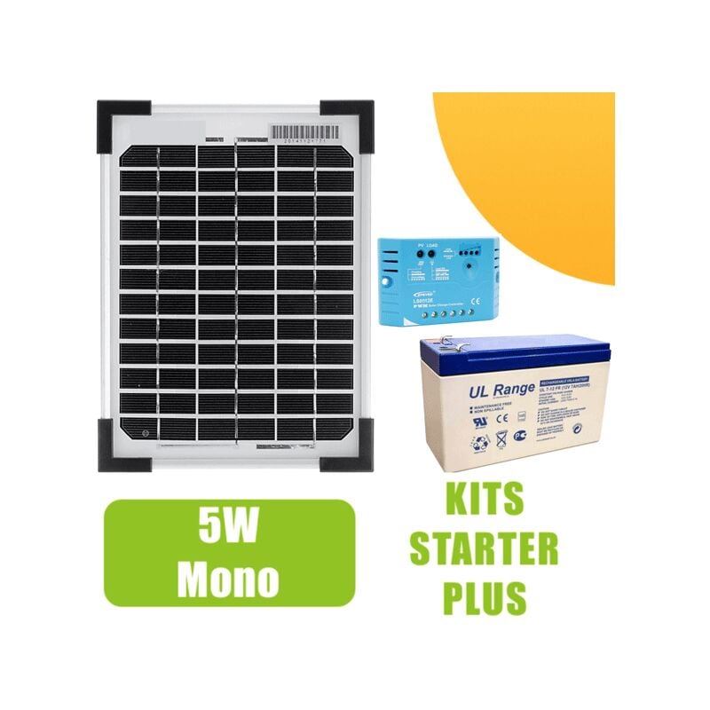 Kit panneau solaire mono 5W 12V avec régulateur 5A et batterie