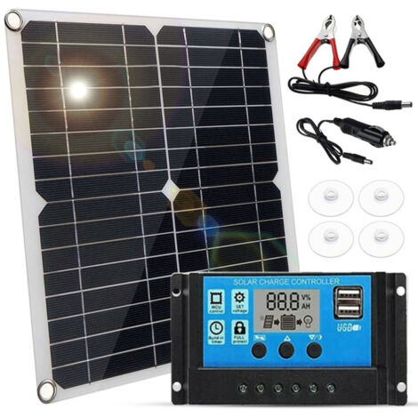 Kit panneau solaire monocristallin 20 W 12 V + régulateur de charge PWM 40 A + pinces de batterie, Rendement élevé de 22 % pour camping-cars, bateaux, remorques et systèmes autonomes.