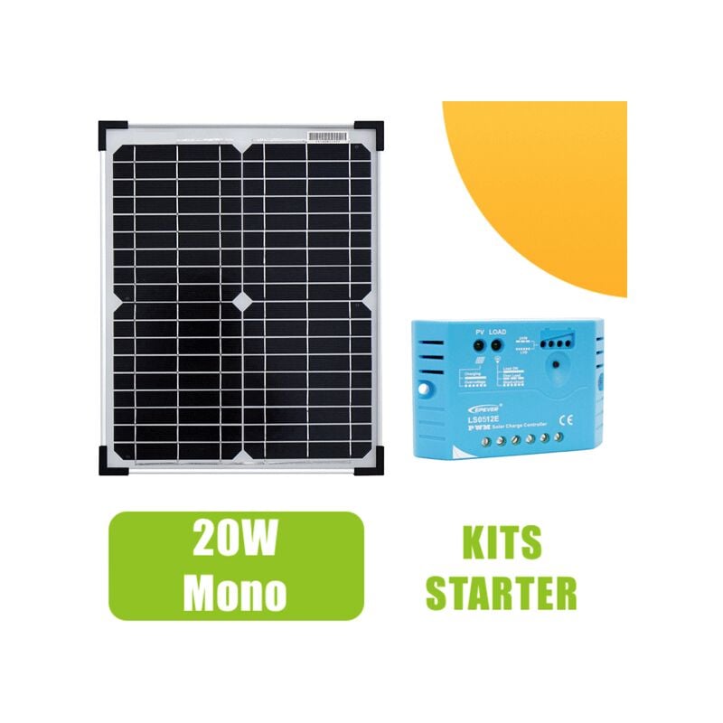 Kit panneau solaire Monocristallin 20W 12V et régulateur 5A