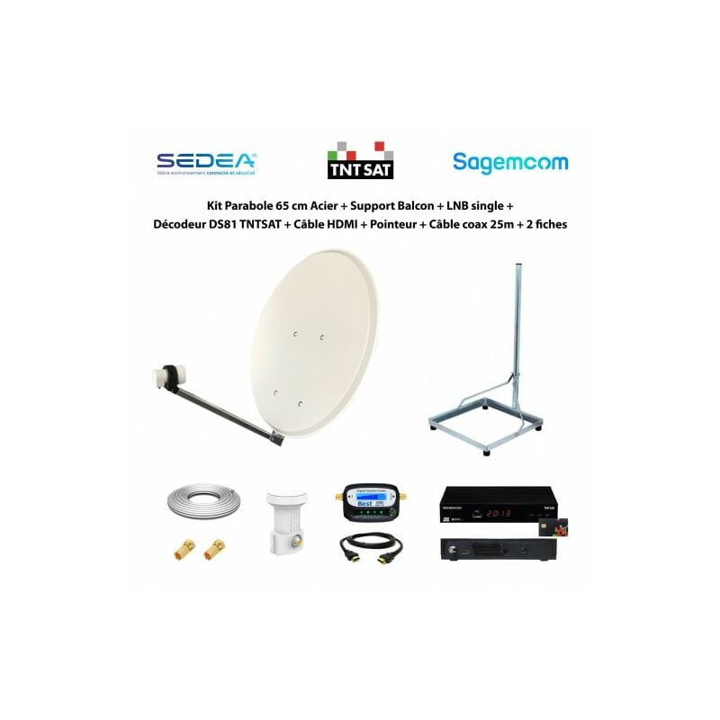 Kit Parabole 65 cm Acier + Support Balcon + lnb single + Décodeur DS81 tntsat + Câble hdmi + Pointeur + Câble coax 25m + 2 fiches f