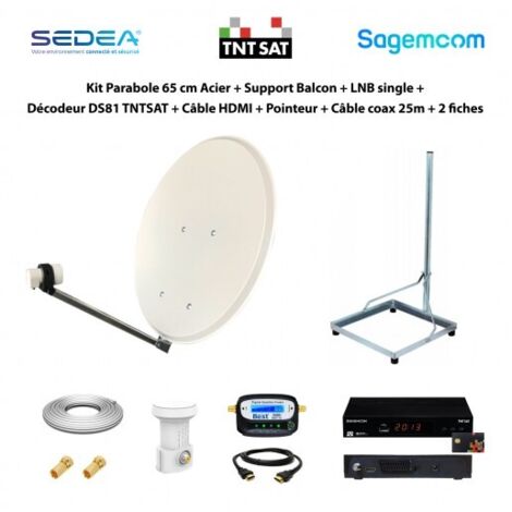 Kit Parabole 65 cm Acier + Support Balcon + LNB single + Décodeur DS81 TNTSAT + Câble HDMI + Pointeur + Câble coax 25m + 2 fiches F