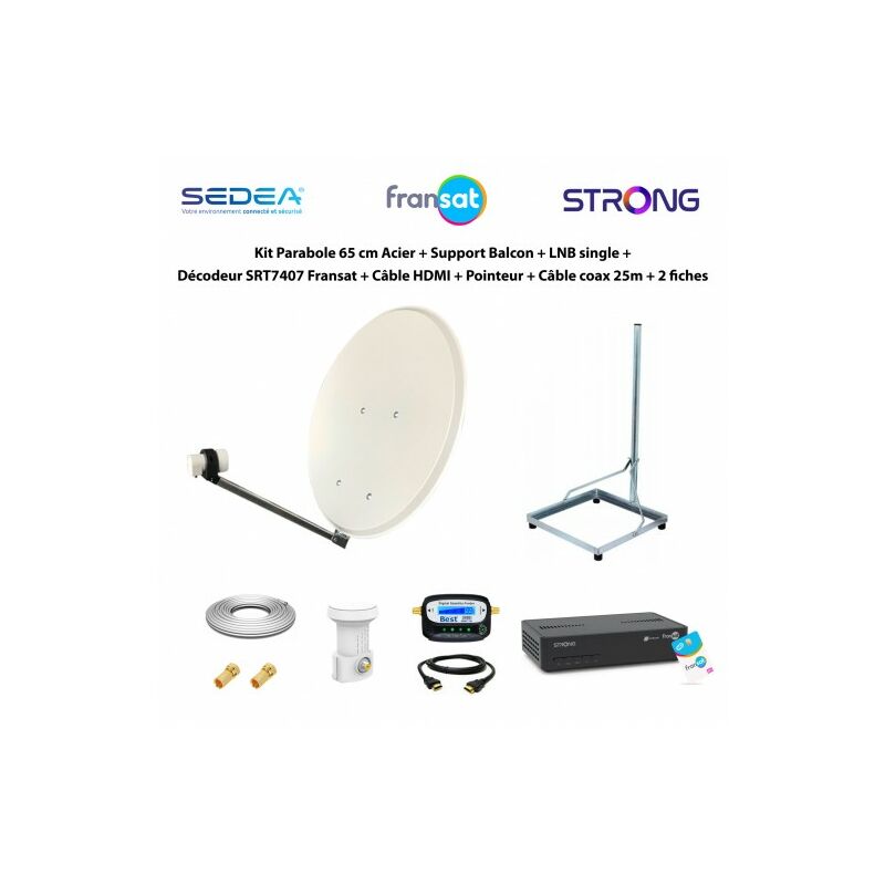 ME - Kit Parabole 65cm Acier + Support Balcon + lnb Single + Décodeur SRT7407 Fransat + Câble hdmi + Pointeur + Câble Coax 25m + 2 fiches