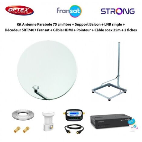 Kit Parabole 75cm fibre + Support Balcon + LNB Single + Décodeur SRT7407 Fransat + Câble HDMI + Pointeur + Câble Coax 25m + 2 fiches