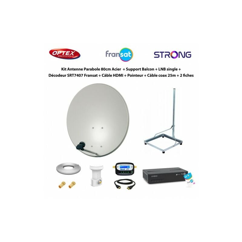 ME - Kit Parabole 80cm Acier + Support Balcon + lnb Single + Décodeur SRT7407 Fransat + Câble hdmi + Pointeur + Câble Coax 25m + 2 fiches