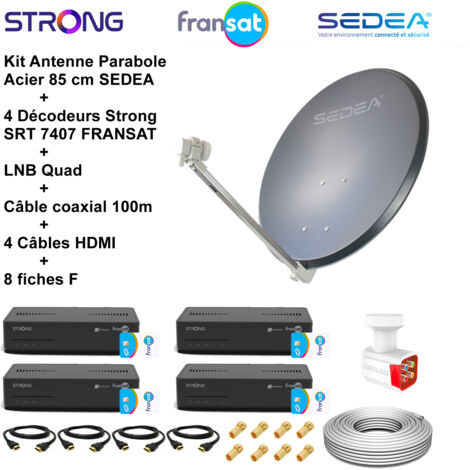 Kit Parabole Acier 85cm Anthracite + LNB Quad HD 4K + 4 Décodeurs SRT 7407 FRANSAT + Câble 100m + 4 Câbles HDMI + 8 Fiches F