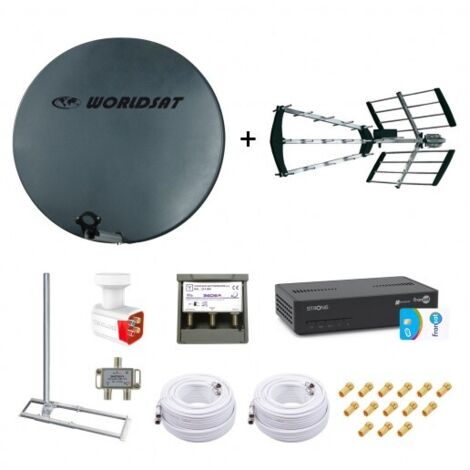 Kit Parabole Fibre 75cm + Antenne TNT + Support Toit + LNB Quad + Coupleur SAT TV + Décodeur Fransat + 2 Câbles Twin 25m + 14 Fiches