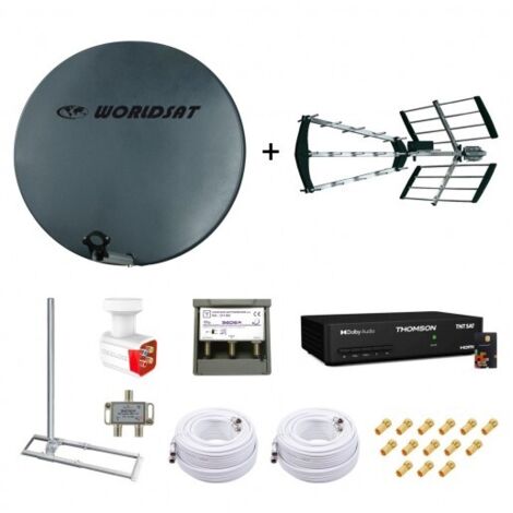 Kit Parabole Fibre 75cm + Antenne TNT + Support Toit + LNB Quad + Coupleur SAT TV + Décodeur TNTSAT + 2 Câbles Twin 25m + 14 Fiches F