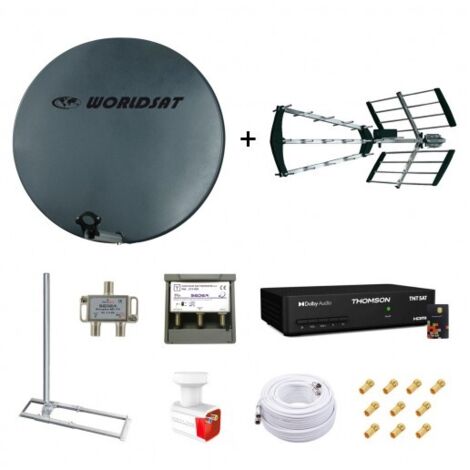 Kit Parabole Fibre 75cm + Antenne TNT + Support Toit + LNB Twin + Coupleur SAT TV + Décodeur TNTSAT + Câble Twin 25m + 10 Fiches F