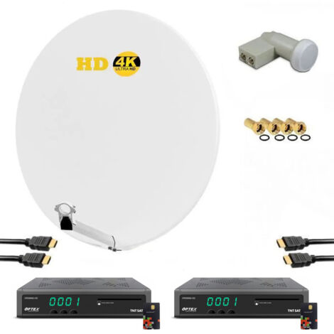 KIT PARABOLE SATELLITE HD4K FIBRE BLANCHE 85CM + LNB TWIN + 2X RECEPTEURS TV ORS 9992 TNTSAT AVEC CARTE