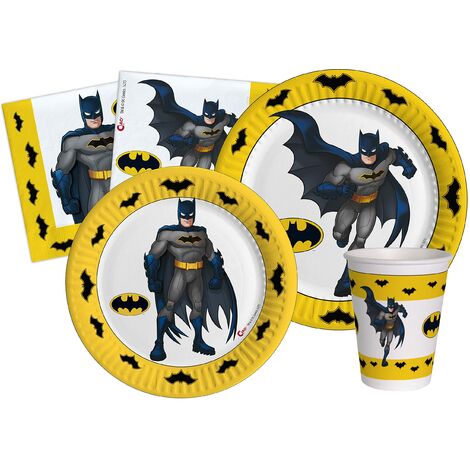 Kit Party Tavola Batman per 24 persone (112 pezzi: 24 piatti Ø23cm, 24 piatti Ø18cm, 24 bicchieri 200ml, 40 tovaglioli 33x33cm) in carta compostabile eco-friendly