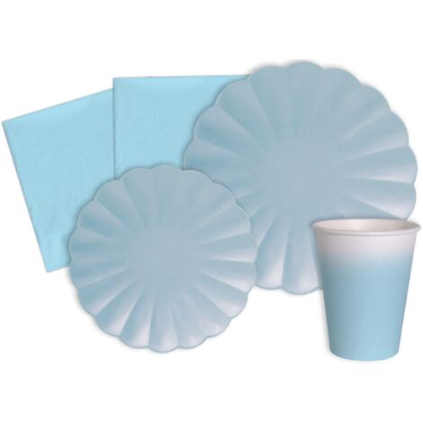 Kit Party Tavola Flower Shape per 8 persone (44 pezzi: 8 piatti Ø23cm, 8 piatti Ø18cm, 8 bicchieri 200ml, 20 tovaglioli 33x33cm) in carta compostabile eco-friendly, azzurro pastello