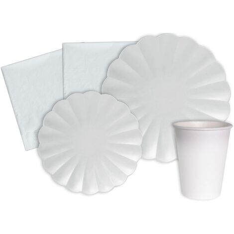 Kit Party Tavola Flower Shape per 8 persone (44 pezzi: 8 piatti Ø23cm, 8 piatti Ø18cm, 8 bicchieri 200ml, 20 tovaglioli 33x33cm) in carta compostabile eco-friendly, bianco