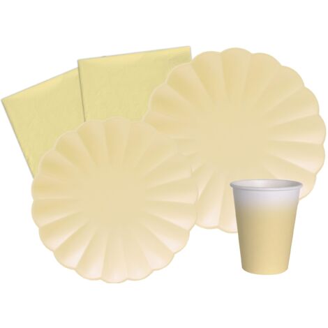 Kit Party Tavola Flower Shape per 8 persone (44 pezzi: 8 piatti Ø23cm, 8 piatti Ø18cm, 8 bicchieri 200ml, 20 tovaglioli 33x33cm) in carta compostabile eco-friendly, giallo pastello