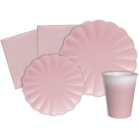 Kit Party Tavola Flower Shape per 8 persone (44 pezzi: 8 piatti Ø23cm, 8 piatti Ø18cm, 8 bicchieri 200ml, 20 tovaglioli 33x33cm) in carta compostabile eco-friendly, rosa pastello