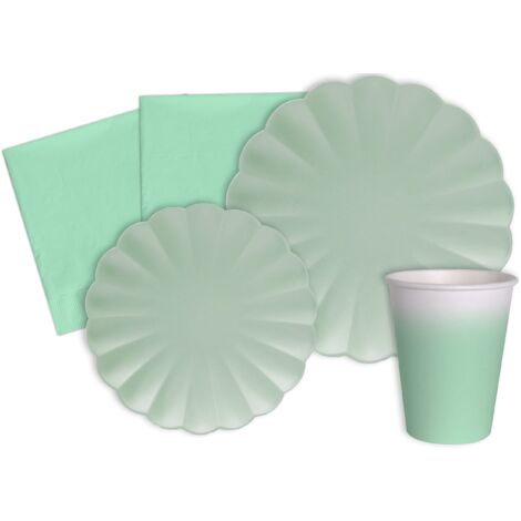 Kit Party Tavola Flower Shape per 8 persone (44 pezzi: 8 piatti Ø23cm, 8 piatti Ø18cm, 8 bicchieri 200ml, 20 tovaglioli 33x33cm) in carta compostabile eco-friendly, verde menta