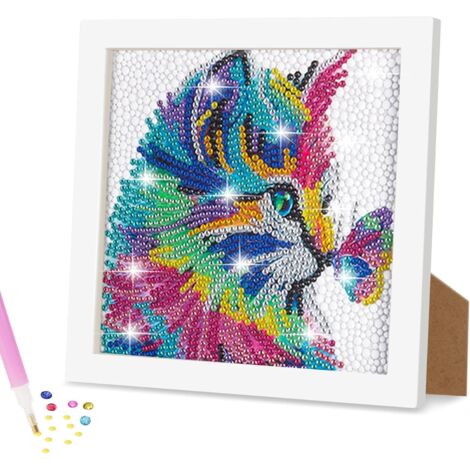 Kit peinture diamant enfant avec cadre en bois, format 15 x 15 cm, motif chat coloré