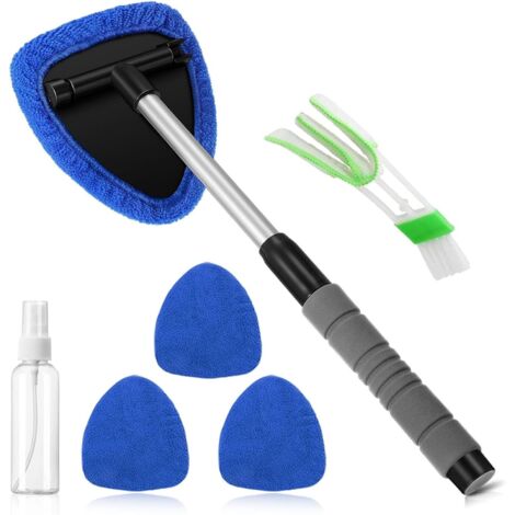 Kit per la pulizia dei vetri dell'auto con 4 panni in microfibra, detergente per vetri interni auto con manico estensibile, girevole a 180°, blu