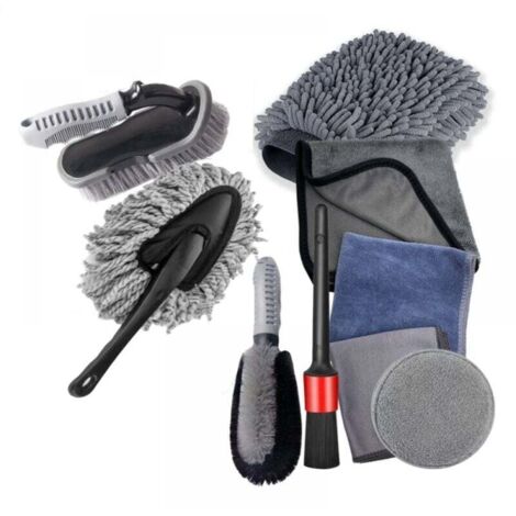 Kit per la pulizia dell'auto da 9 pezzi: panni per pulizia in microfibra, spazzola in spugna, guanto per lavare, spazzola per cerchioni e cura della vernice