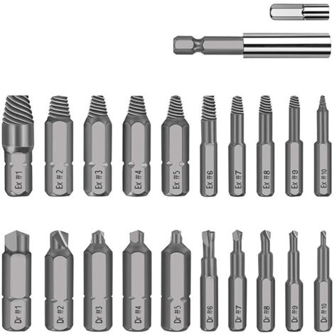 Kit per la rimozione di viti danneggiate, 22 pezzi, kit per la rimozione di bulloni rotti, kit di estrazione HSS multiuso con portainserti magnetico e adattatore per bussola, argento