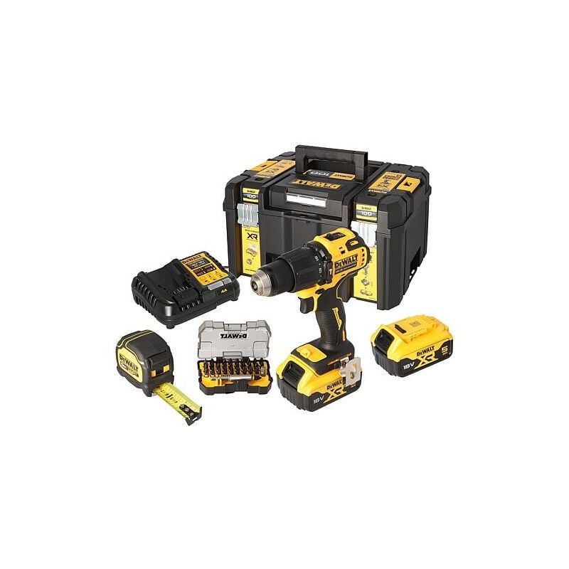 Kit Perceuse-visseuse à percussion sans fil Dewalt DCZ100P2KT-QW, 18 v 2x Batteries + chargeurs 5,0 Ah, Jeu d'embouts,