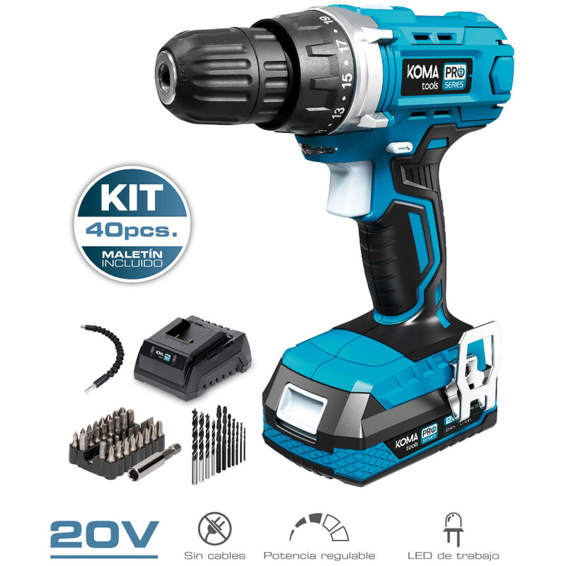 Kit Perceuse Visseuse Avec 40 Accessoires 20v Avec Batterie Et Chargeur Koma Tools