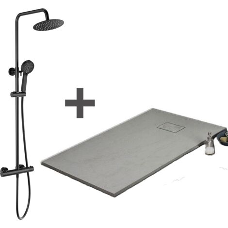 Kit Piatto doccia ultrasottile 80 x 140 cm PIATTO Grigio + Colonna doccia termostatica Finitura nera opaca