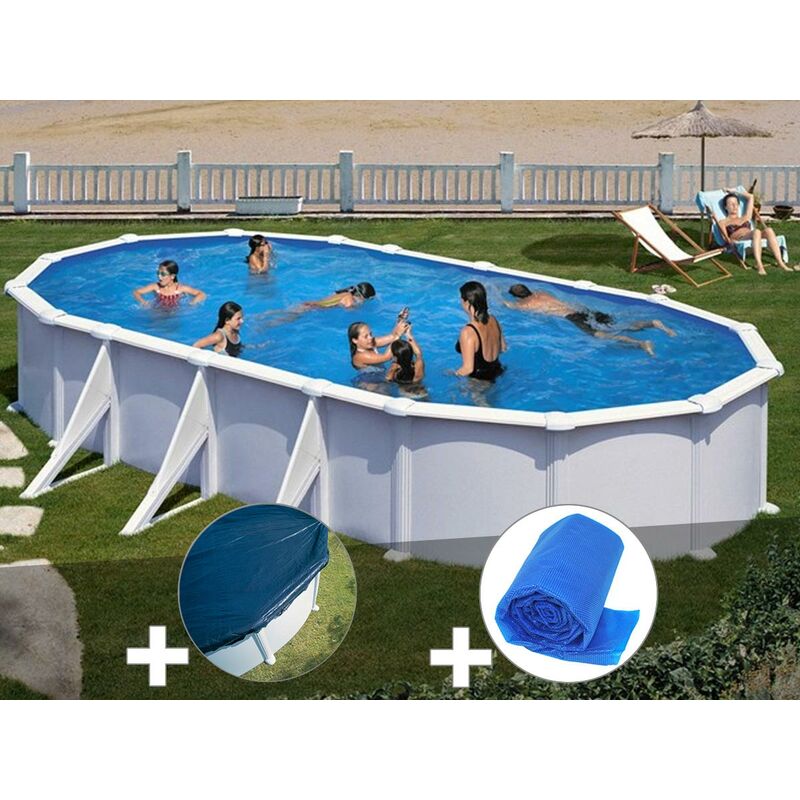 GRÉ - Kit piscine acier blanc Atlantis ovale 8,15 x 4,90 x 1,32 m + Bâche hiver + Bâche à bulles - Blanc
