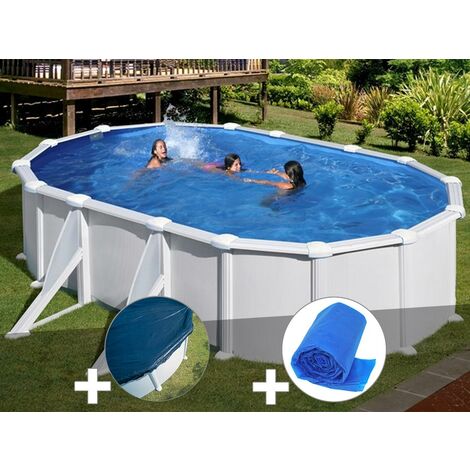 Kit piscine acier blanc Gré Atlantis ovale 6,34 x 3,99 x 1,32 m + Bâche hiver + Bâche à bulles