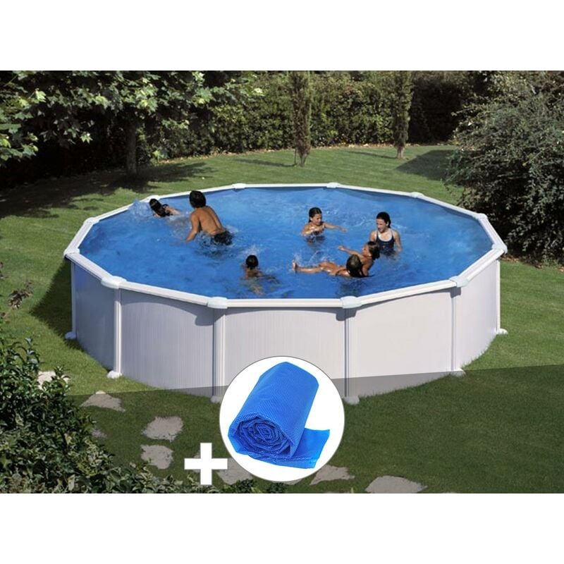 GRE - Kit piscine acier blanc Gré Atlantis ronde 5,70 x 1,32 m + Bâche à bulles