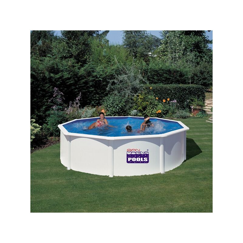 GRE - Piscine hors sol acier ronde blanche Fidji - Ø4,80m - Filtration a sable - Échelle de sécurité