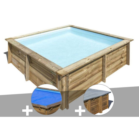 Kit piscine bois Gré City 2,25 x 2,25 x 0,68 m + Bâche à bulles + Bâche hiver