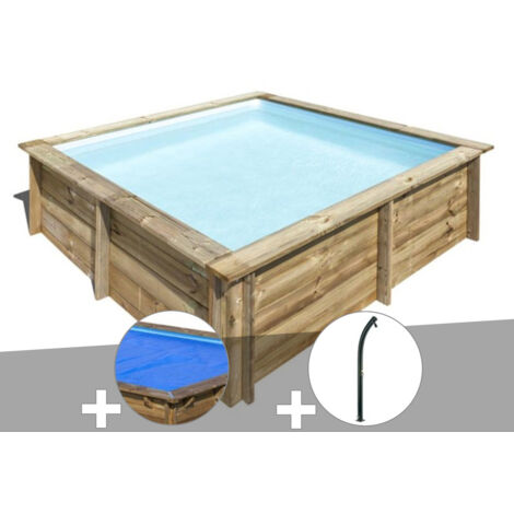 Kit piscine bois Gré City 2,25 x 2,25 x 0,68 m + Bâche à bulles + Douche