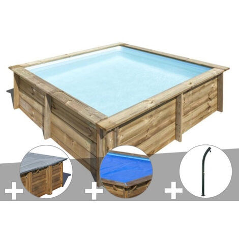 Kit piscine bois Gré City 2,25 x 2,25 x 0,68 m + Bâche hiver + Bâche à bulles + Douche