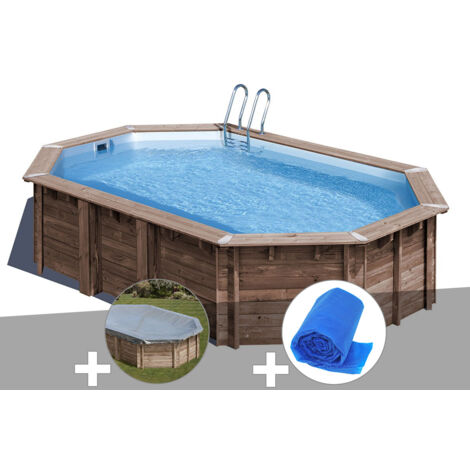 Kit piscine bois Gré Macadamia 6,32 x 3,35 x 1,30 m + Bâche hiver + Bâche à bulles