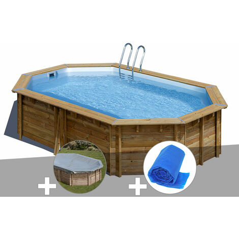 Kit piscine bois Gré Vermela 6,72 x 4,72 x 1,46 m + Bâche hiver + Bâche à bulles