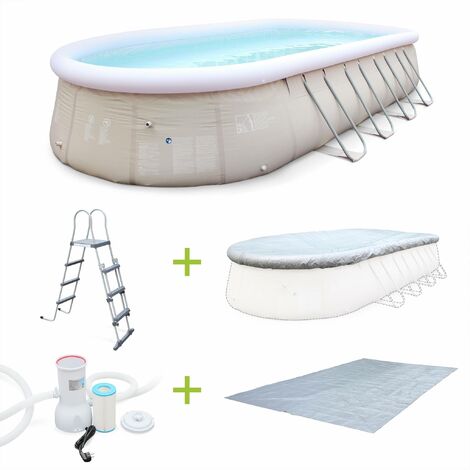 Kit piscine géante Saphir 7,3x3,6m gonflable grise, autoportante ovale, pompe de filtration, bâche, tapis de sol et échelle