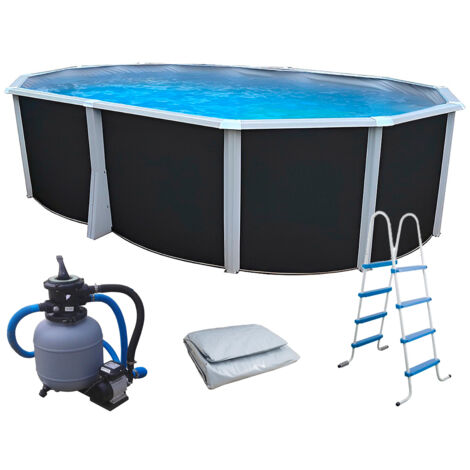 Kit piscine hors-sol acier ovale 550x366x132cm – Liner gris – Capacité 21.500 L – Épaisseur parois 0,40 mm – Débit filtration 3,6 m³/h – TOI