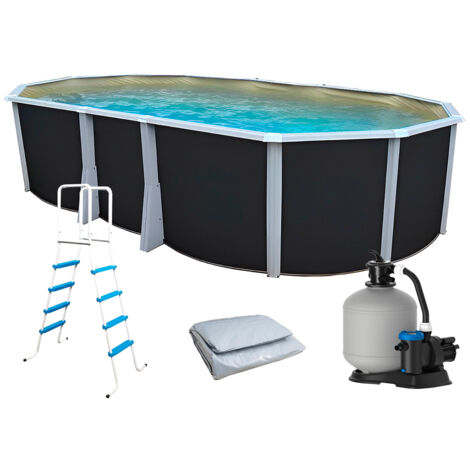 Kit piscine hors-sol acier Toi ANTHRACITE IBIZA ovale 640X366X132cm liner beige