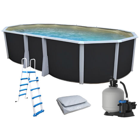 Kit piscine hors-sol acier Toi ANTHRACITE IBIZA ovale 640X366X132cm liner beige